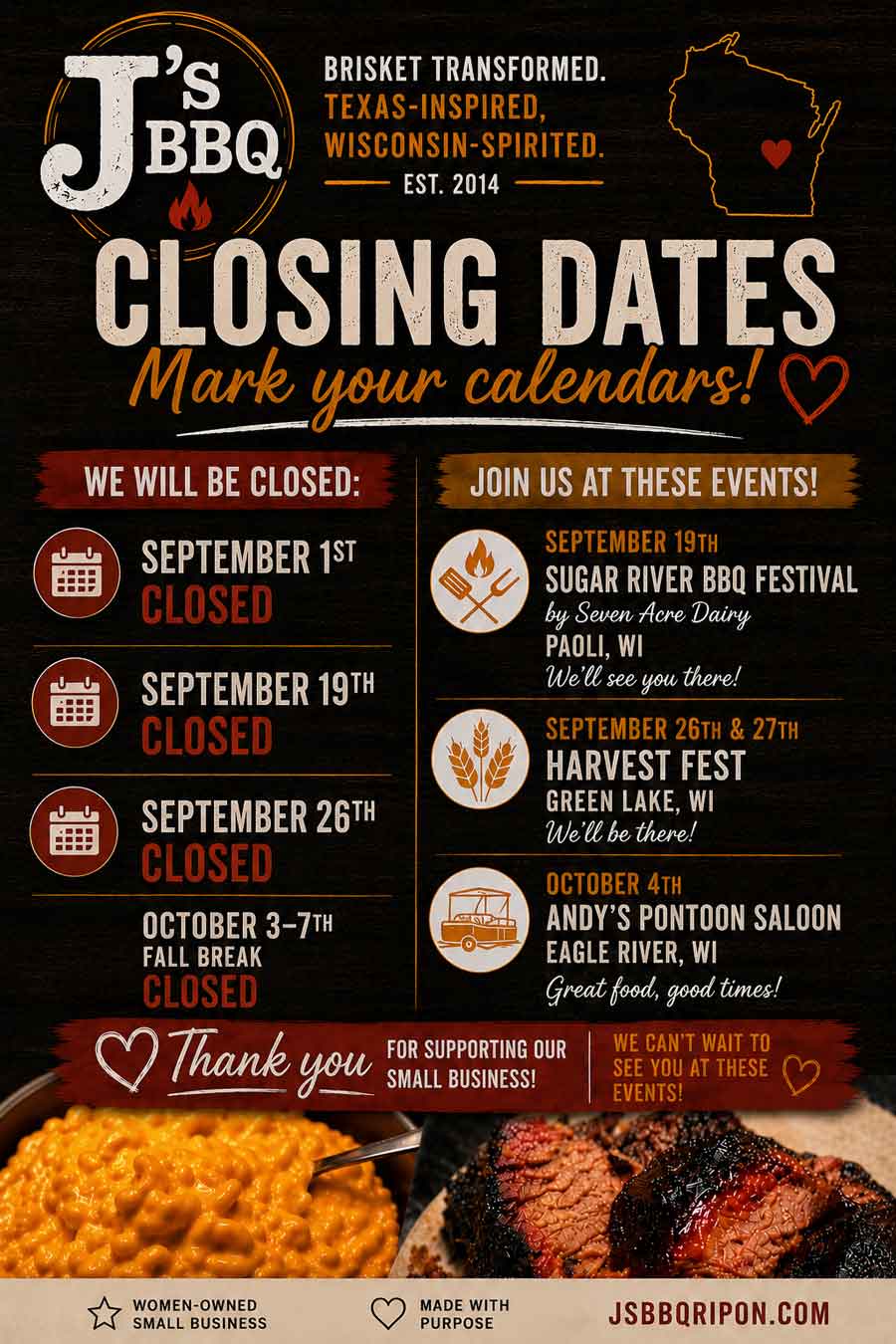 J's BBQ closing dates 2026